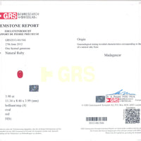 3.90 cts Natural Madagascar Ruby Loose Gemstone Oval Cut | GRS Certified