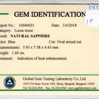 1.69 cts Natural Blue Sapphire Loose Gemstone Oval Cut Certified