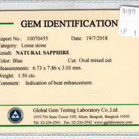 1.50 cts Natural Blue Sapphire Loose Gemstone Oval Cut Certified