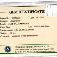 1.46 cts Natural Blue Sapphire Loose Gemstone Cushion Certified Cut
