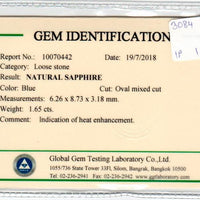 1.65 cts Natural Blue Sapphire Loose Gemstone Oval Cut Certified