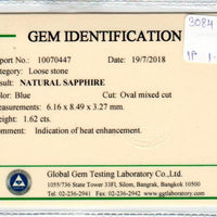 1.62 cts Natural Blue Sapphire Loose Gemstone Oval Cut Certified