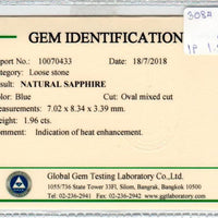 1.96 cts Natural Blue Sapphire Loose Gemstone Oval Cut Certified