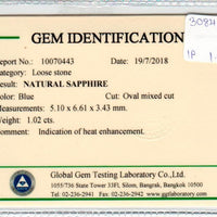 1.02 cts Natural Blue Sapphire Loose Gemstone Oval Cut Certified