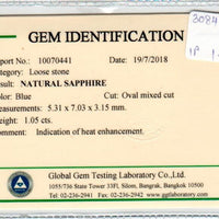 1.05 cts Natural Blue Sapphire Loose Gemstone Oval Cut Certified