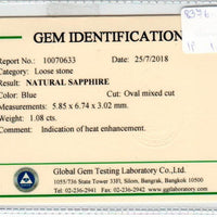1.08 cts Natural Blue Sapphire Loose Gemstone Oval Cut Certified