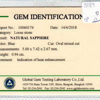 0.94 cts Natural Blue Sapphire Loose Gemstone Oval Cut Certified
