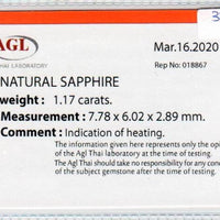 1.17 cts natural blue sapphire loose gemstone oval cut AGL Certified