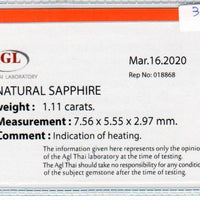 1.11 cts natural blue sapphire loose gemstone oval cut AGL Certified