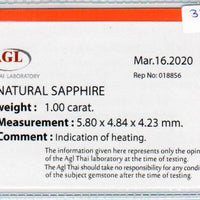 1.00 cts natural blue sapphire loose gemstone oval cut AGL Certified