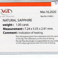 1.00 cts natural blue sapphire loose gemstone oval cut AGL Certified