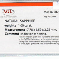 1.00 cts natural blue sapphire loose gemstone oval cut AGL Certified