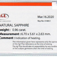 0.96 cts natural blue sapphire loose gemstone oval cut AGL Certified