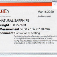 0.95 cts natural blue sapphire loose gemstone oval cut AGL Certified