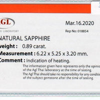 0.89 cts natural blue sapphire loose gemstone oval cut AGL Certified