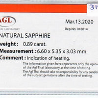 0.89 cts natural blue sapphire loose gemstone oval cut AGL Certified