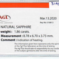 1.86 cts natural blue sapphire loose gemstone oval cut AGL Certified