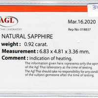 0.92 Cts Natural Blue Sapphire Loose Gemstone Oval Cut AGL Certified