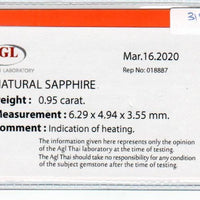 0.95 Cts Natural Blue Sapphire Loose Gemstone Oval Cut AGL Certified