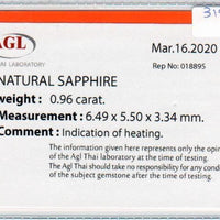 0.96 Cts Natural Blue Sapphire Loose Gemstone Oval Cut AGL Certified