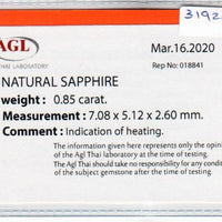 0.85 cts natural blue sapphire loose gemstone oval cut AGL Certified
