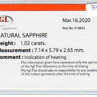 1.02 cts natural blue sapphire loose gemstone oval cut AGL Certified