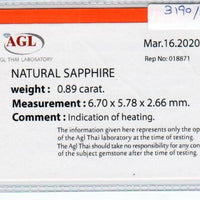 0.89 cts natural blue sapphire loose gemstone oval cut AGL Certified