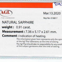 0.91 cts natural blue sapphire loose gemstone oval cut AGL Certified