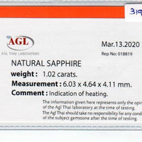 1.02 cts natural blue sapphire loose gemstone oval cut AGL Certified