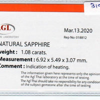1.08 cts natural blue sapphire loose gemstone oval cut AGL Certified
