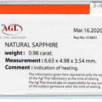 0.98 Cts Natural Blue Sapphire Loose Gemstone Oval Cut AGL Certified