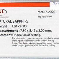 1.01 Cts Natural Blue Sapphire Loose Gemstone Oval Cut AGL Certified