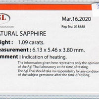 1.09 Cts Natural Blue Sapphire Loose Gemstone Oval Cut AGL Certified