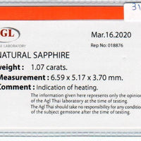 1.07 Cts Natural Blue Sapphire Loose Gemstone Oval Cut AGL Certified