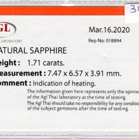 1.71 Cts Natural Blue Sapphire Loose Gemstone Oval Cut AGL Certified