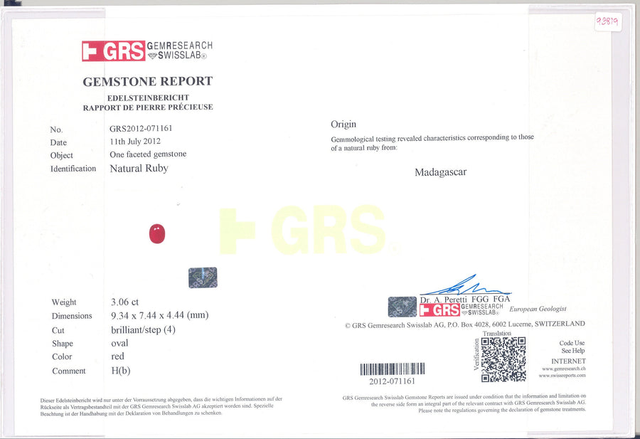 3.06 cts Natural Madagascar Ruby Loose Gemstone Oval Cut | GRS Certified