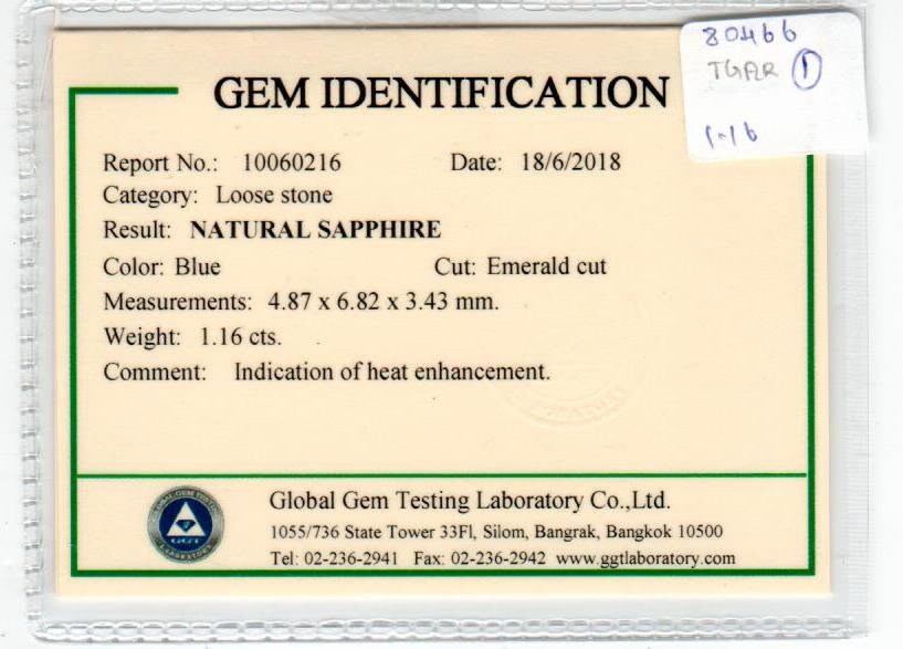 1.16 cts Natural Blue Sapphire Loose Gemstone Emerald Cut Certified