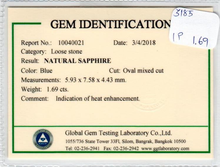 1.69 cts Natural Blue Sapphire Loose Gemstone Oval Cut Certified