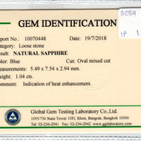 1.04 cts Natural Blue Sapphire Loose Gemstone Oval Cut Certified