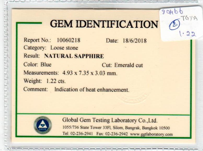 1.22 cts Natural Blue Sapphire Loose Gemstone Emerald Cut Certified