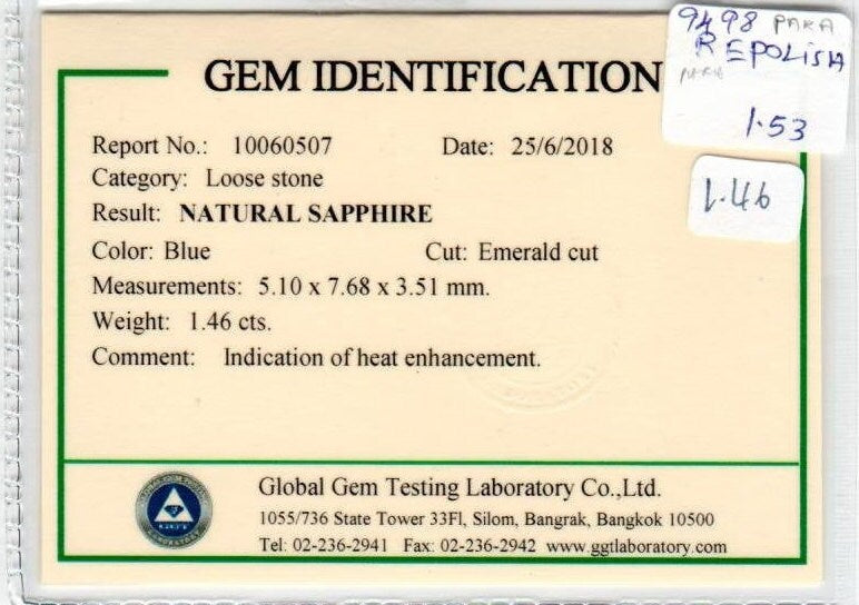 1.46 cts Natural Blue Sapphire Loose Gemstone Emerald Cut Certified