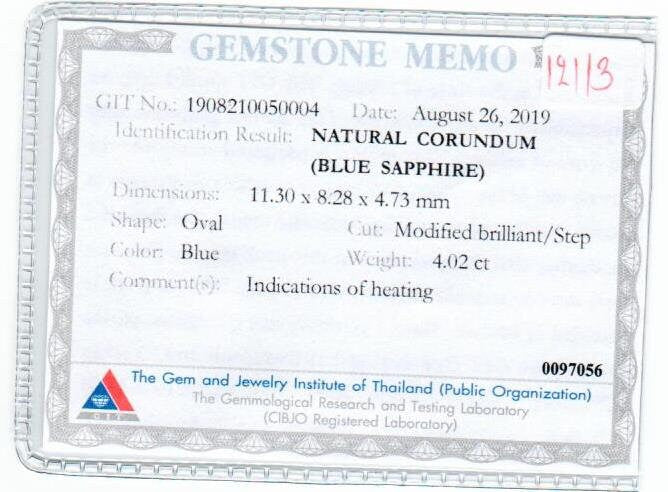 4.02 cts Natural Blue Sapphire Loose Gemstone Oval Cut Certified
