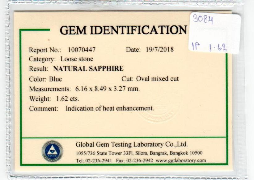 1.62 cts Natural Blue Sapphire Loose Gemstone Oval Cut Certified
