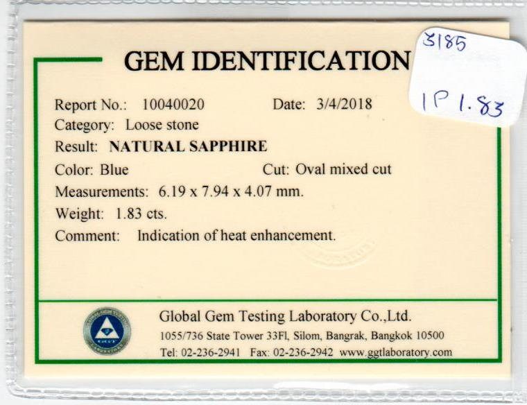 1.83 cts Natural Blue Sapphire Loose Gemstone Oval Cut Certified