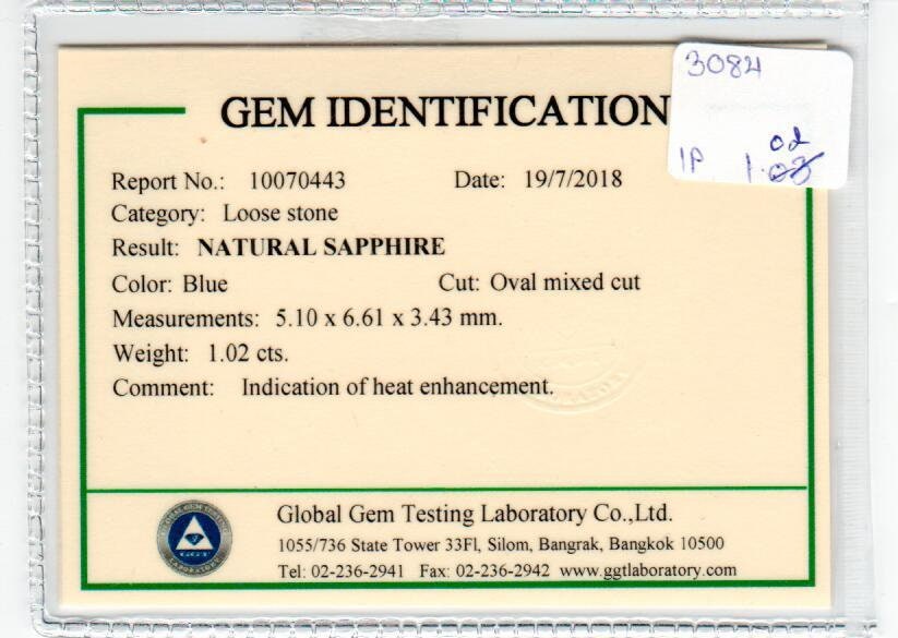 1.02 cts Natural Blue Sapphire Loose Gemstone Oval Cut Certified