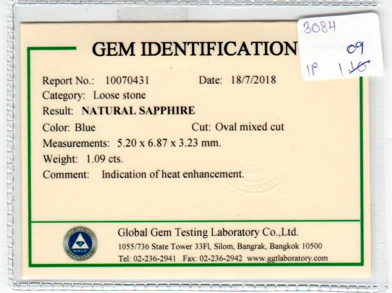 1.09 cts Natural Blue Sapphire Loose Gemstone Oval Cut Certified