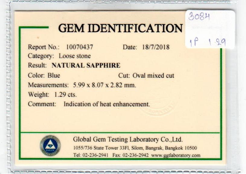 1.29 cts Natural Blue Sapphire Loose Gemstone Oval Cut Certified