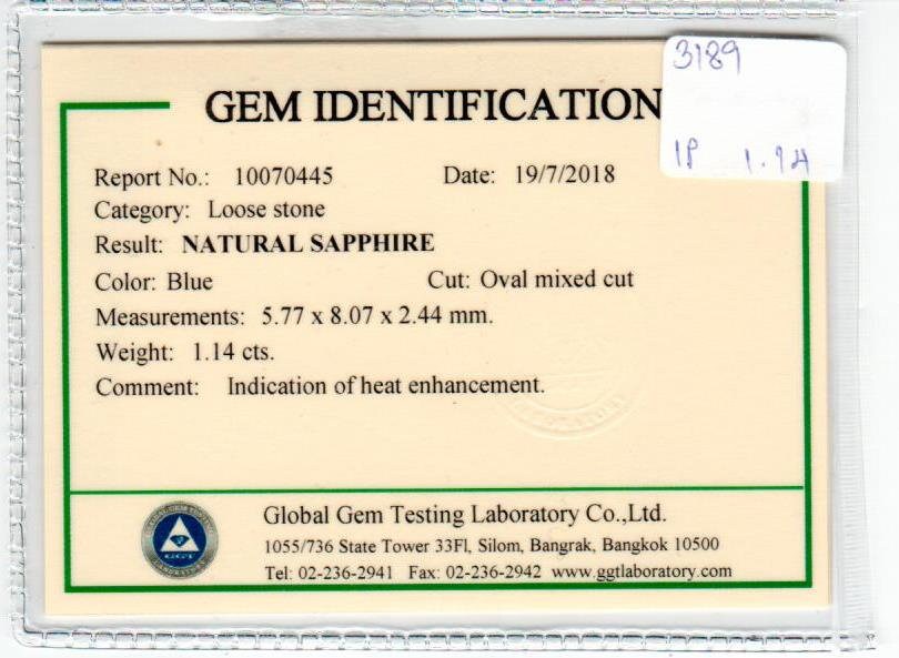 1.14 cts Natural Blue Sapphire Loose Gemstone Oval Cut Certified