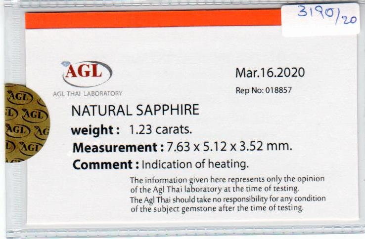 1.23 cts natural blue sapphire loose gemstone oval cut AGL Certified
