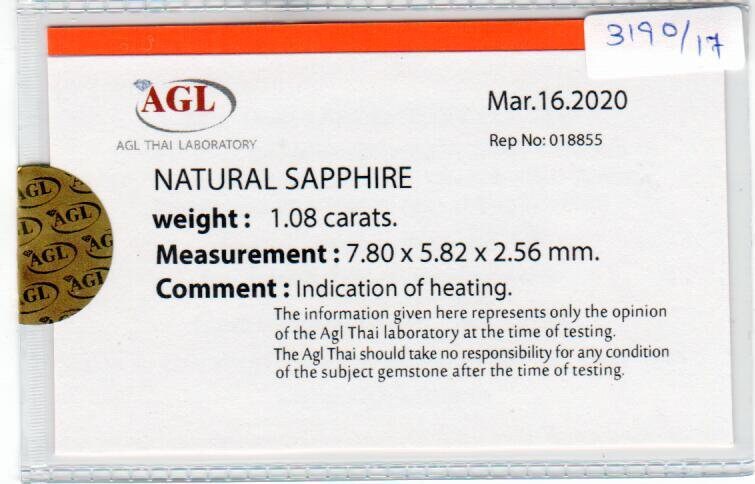 1.08 cts natural blue sapphire loose gemstone oval cut AGL Certified